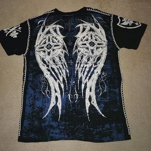 RAW STATE Men's V-neck T-shirt Wings & Cross Black w/White Yarn seems XXL